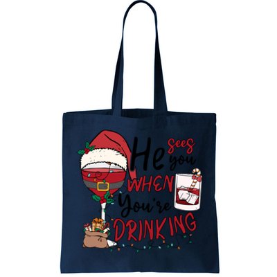 He Sees You When You're Drinking Funny Santa Hat Christmas Lights Tote Bag