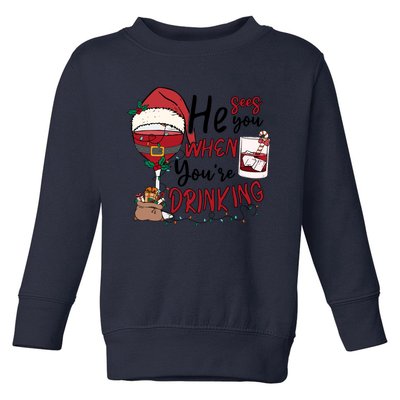 He Sees You When You're Drinking Funny Santa Hat Christmas Lights Toddler Sweatshirt