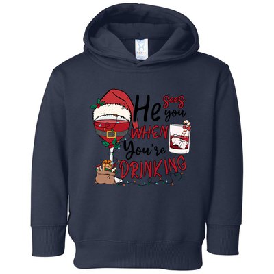 He Sees You When You're Drinking Funny Santa Hat Christmas Lights Toddler Hoodie