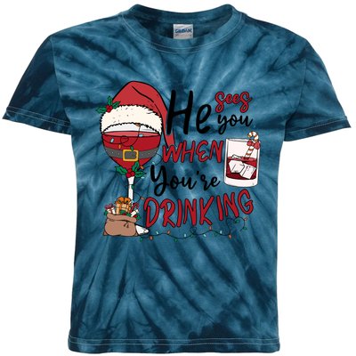 He Sees You When You're Drinking Funny Santa Hat Christmas Lights Kids Tie-Dye T-Shirt