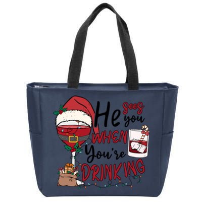 He Sees You When You're Drinking Funny Santa Hat Christmas Lights Zip Tote Bag