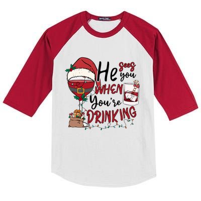 He Sees You When You're Drinking Funny Santa Hat Christmas Lights Kids Colorblock Raglan Jersey