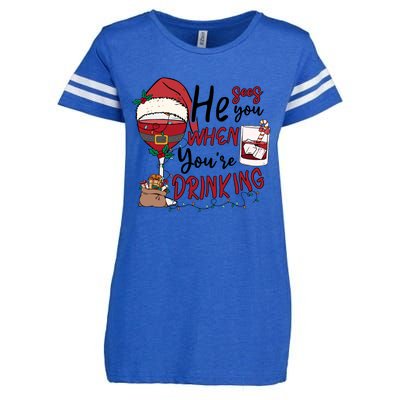 He Sees You When You're Drinking Funny Santa Hat Christmas Lights Enza Ladies Jersey Football T-Shirt