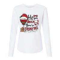 He Sees You When You're Drinking Funny Santa Hat Christmas Lights Womens Cotton Relaxed Long Sleeve T-Shirt