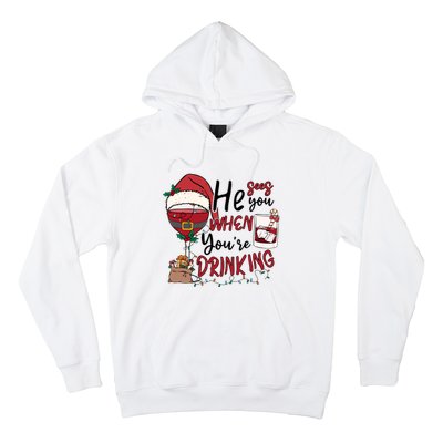 He Sees You When You're Drinking Funny Santa Hat Christmas Lights Hoodie