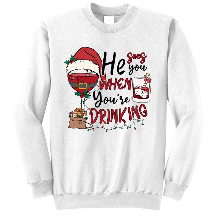 He Sees You When You're Drinking Funny Santa Hat Christmas Lights Sweatshirt