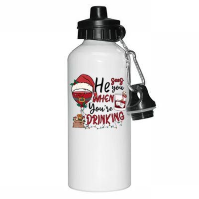 He Sees You When You're Drinking Funny Santa Hat Christmas Lights Aluminum Water Bottle