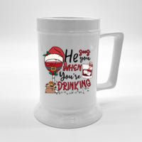 He Sees You When You're Drinking Funny Santa Hat Christmas Lights Beer Stein