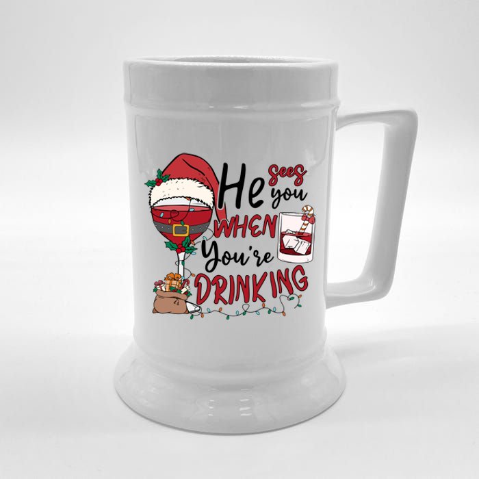 He Sees You When You're Drinking Funny Santa Hat Christmas Lights Beer Stein