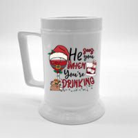 He Sees You When You're Drinking Funny Santa Hat Christmas Lights Beer Stein