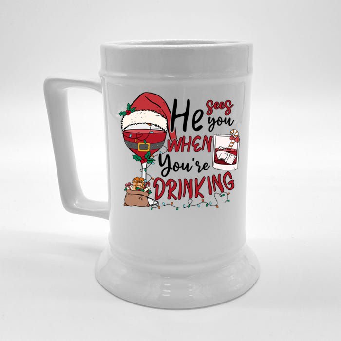 He Sees You When You're Drinking Funny Santa Hat Christmas Lights Beer Stein