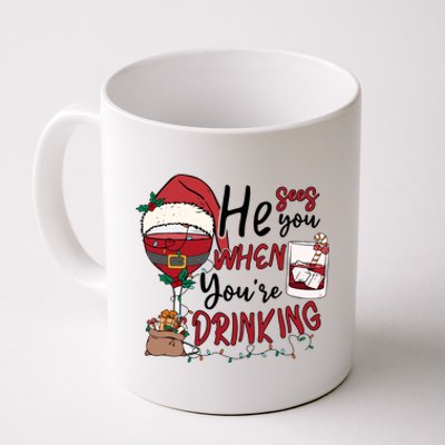 He Sees You When You're Drinking Funny Santa Hat Christmas Lights Coffee Mug