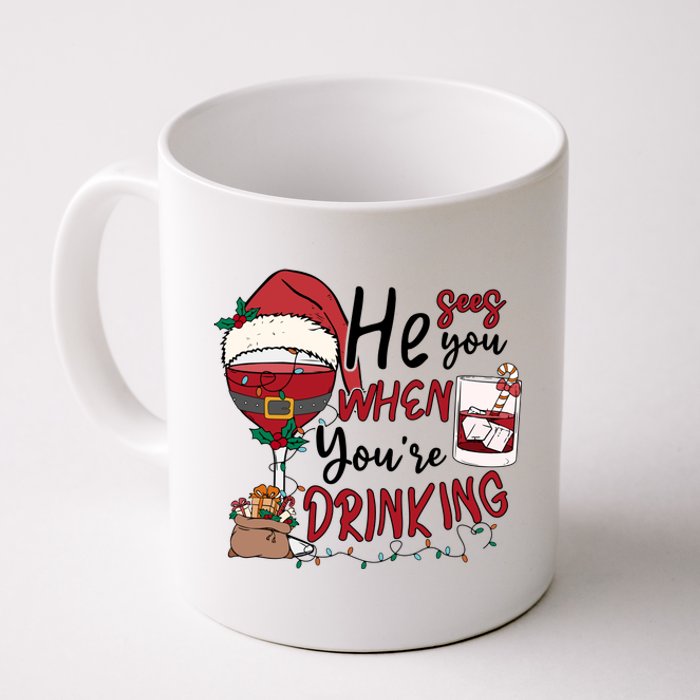 He Sees You When You're Drinking Funny Santa Hat Christmas Lights Coffee Mug