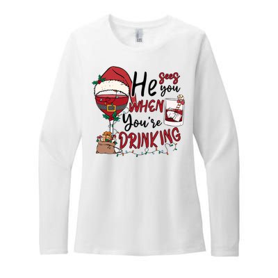 He Sees You When You're Drinking Funny Santa Hat Christmas Lights Womens CVC Long Sleeve Shirt