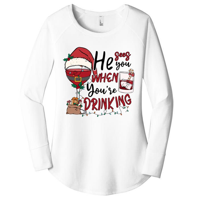 He Sees You When You're Drinking Funny Santa Hat Christmas Lights Women's Perfect Tri Tunic Long Sleeve Shirt