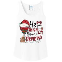 He Sees You When You're Drinking Funny Santa Hat Christmas Lights Ladies Essential Tank