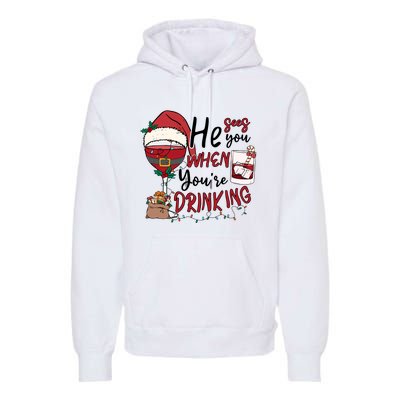 He Sees You When You're Drinking Funny Santa Hat Christmas Lights Premium Hoodie