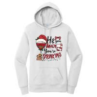 He Sees You When You're Drinking Funny Santa Hat Christmas Lights Women's Pullover Hoodie