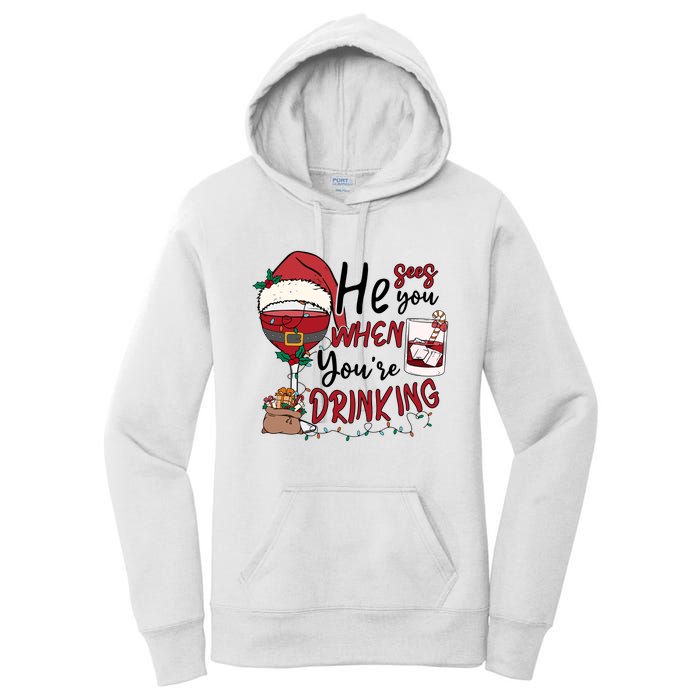 He Sees You When You're Drinking Funny Santa Hat Christmas Lights Women's Pullover Hoodie