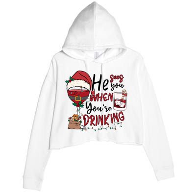 He Sees You When You're Drinking Funny Santa Hat Christmas Lights Crop Fleece Hoodie