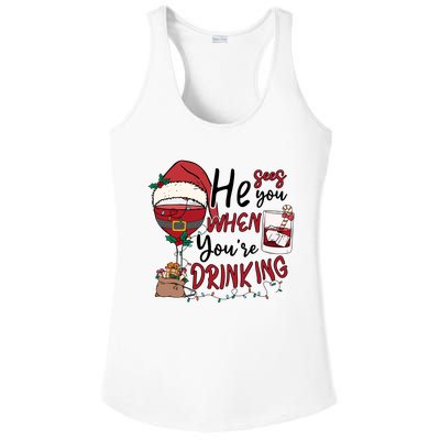 He Sees You When You're Drinking Funny Santa Hat Christmas Lights Ladies PosiCharge Competitor Racerback Tank