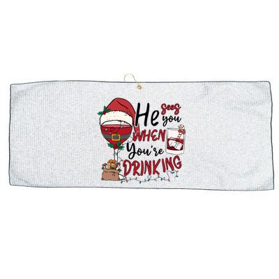 He Sees You When You're Drinking Funny Santa Hat Christmas Lights Large Microfiber Waffle Golf Towel