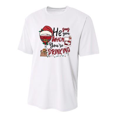 He Sees You When You're Drinking Funny Santa Hat Christmas Lights Youth Performance Sprint T-Shirt