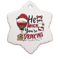 He Sees You When You're Drinking Funny Santa Hat Christmas Lights Ceramic Star Ornament