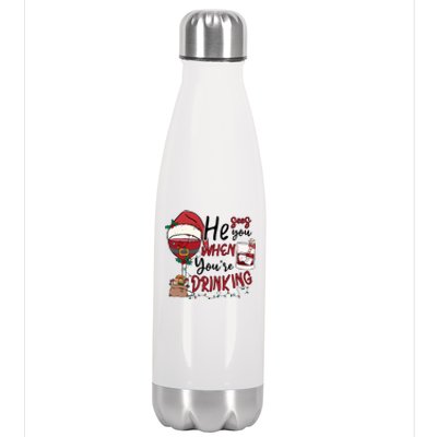 He Sees You When You're Drinking Funny Santa Hat Christmas Lights Stainless Steel Insulated Water Bottle