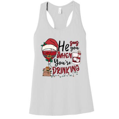 He Sees You When You're Drinking Funny Santa Hat Christmas Lights Women's Racerback Tank