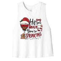 He Sees You When You're Drinking Funny Santa Hat Christmas Lights Women's Racerback Cropped Tank