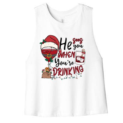 He Sees You When You're Drinking Funny Santa Hat Christmas Lights Women's Racerback Cropped Tank