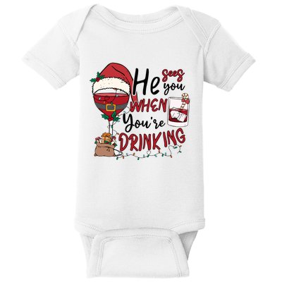 He Sees You When You're Drinking Funny Santa Hat Christmas Lights Baby Bodysuit