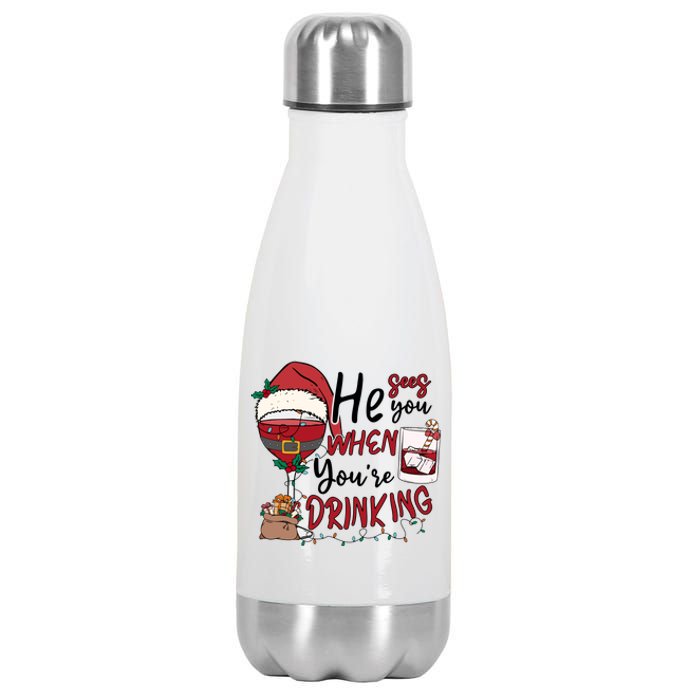 He Sees You When You're Drinking Funny Santa Hat Christmas Lights Stainless Steel Insulated Water Bottle