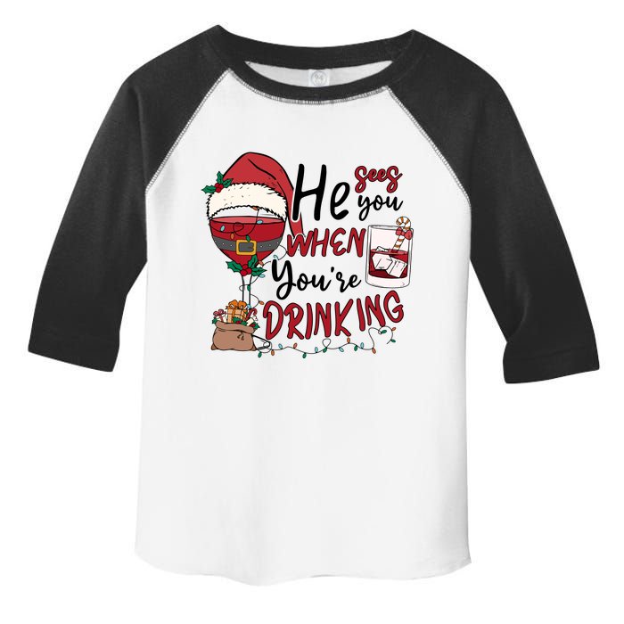 He Sees You When You're Drinking Funny Santa Hat Christmas Lights Toddler Fine Jersey T-Shirt