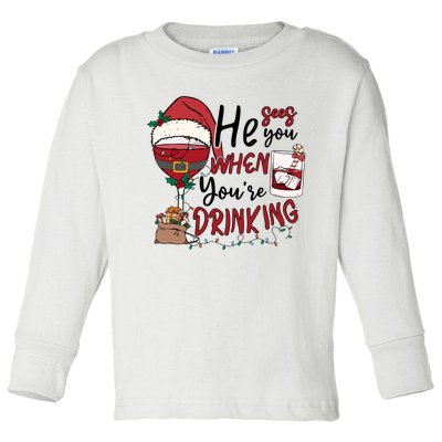 He Sees You When You're Drinking Funny Santa Hat Christmas Lights Toddler Long Sleeve Shirt