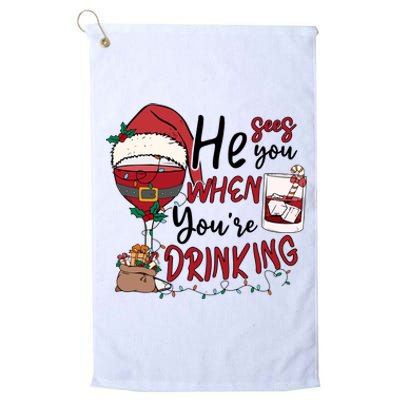 He Sees You When You're Drinking Funny Santa Hat Christmas Lights Platinum Collection Golf Towel