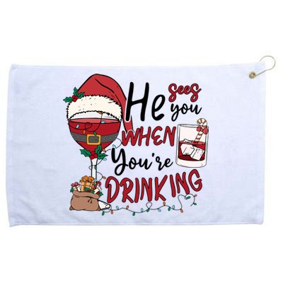 He Sees You When You're Drinking Funny Santa Hat Christmas Lights Grommeted Golf Towel