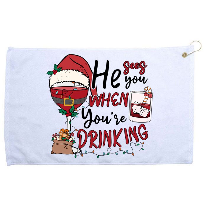 He Sees You When You're Drinking Funny Santa Hat Christmas Lights Grommeted Golf Towel