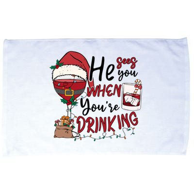 He Sees You When You're Drinking Funny Santa Hat Christmas Lights Microfiber Hand Towel