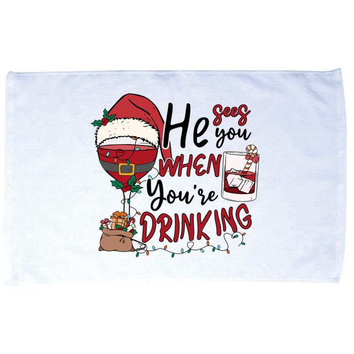 He Sees You When You're Drinking Funny Santa Hat Christmas Lights Microfiber Hand Towel