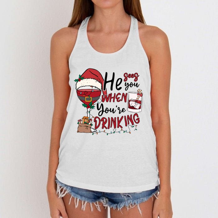 He Sees You When You're Drinking Funny Santa Hat Christmas Lights Women's Knotted Racerback Tank