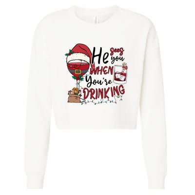 He Sees You When You're Drinking Funny Santa Hat Christmas Lights Cropped Pullover Crew