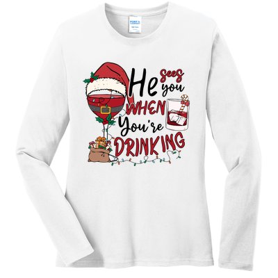 He Sees You When You're Drinking Funny Santa Hat Christmas Lights Ladies Long Sleeve Shirt