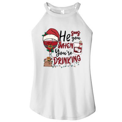 He Sees You When You're Drinking Funny Santa Hat Christmas Lights Women's Perfect Tri Rocker Tank