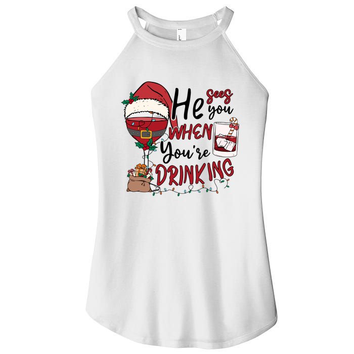 He Sees You When You're Drinking Funny Santa Hat Christmas Lights Women's Perfect Tri Rocker Tank