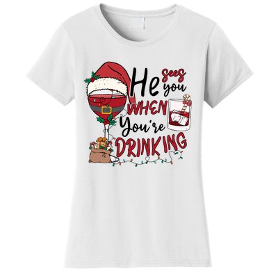 He Sees You When You're Drinking Funny Santa Hat Christmas Lights Women's T-Shirt