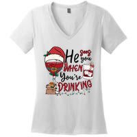 He Sees You When You're Drinking Funny Santa Hat Christmas Lights Women's V-Neck T-Shirt