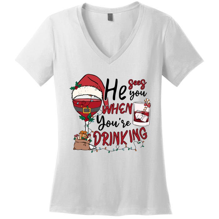 He Sees You When You're Drinking Funny Santa Hat Christmas Lights Women's V-Neck T-Shirt