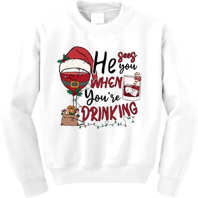 He Sees You When You're Drinking Funny Santa Hat Christmas Lights Kids Sweatshirt